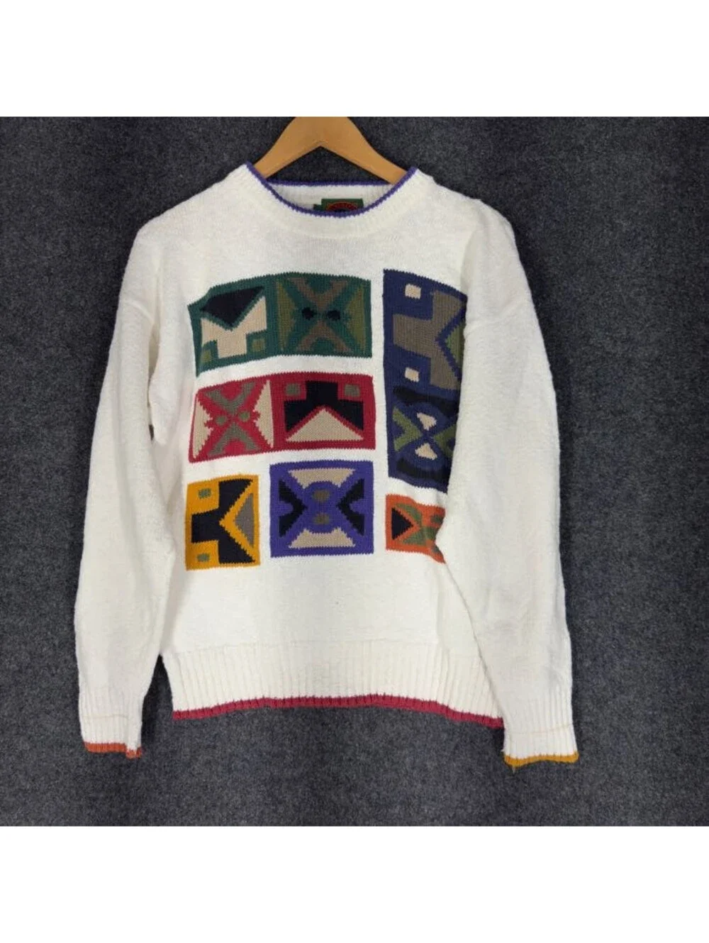 Boston Traders Sweater Pullover Men M Medium White Geometric Knit Cotton Soft